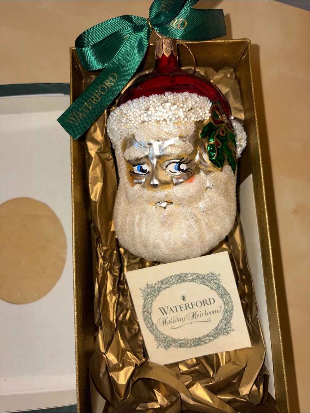 Waterford Red, White and Green Santa Face Glass Ornament